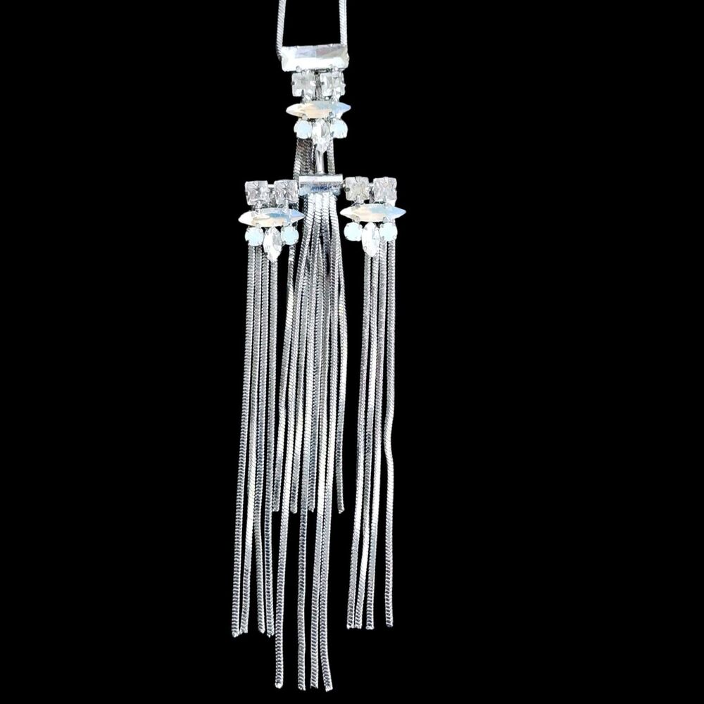 ​Express Silver Tone Tassel Pendant Necklace Long Chain Crystal Boho Chic Glam